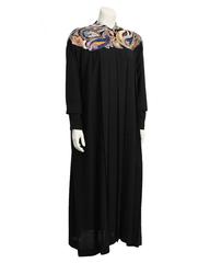 1980's Emmanuelle Khanh Black Wool Gown with Paisley Embroidery