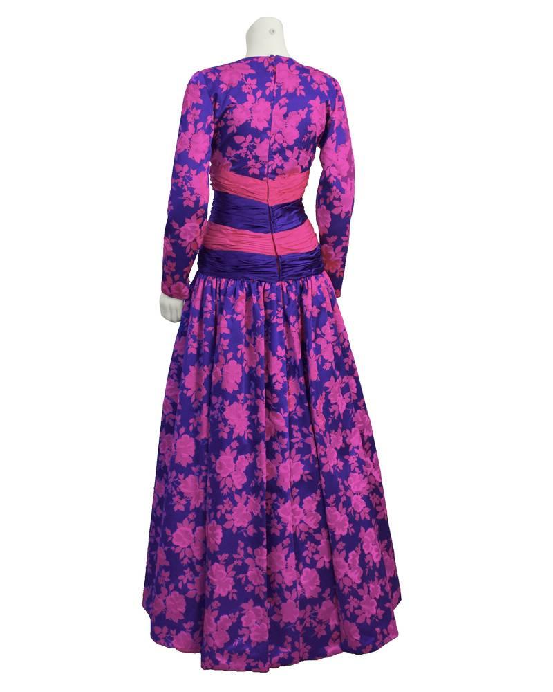 1980's Peter Keppler Pink & Purple Floral Print Ball Gown In Excellent Condition In Toronto, Ontario