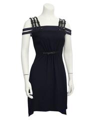 1990's Versus by Versace Navy Cage Dress with Black Leather Accents