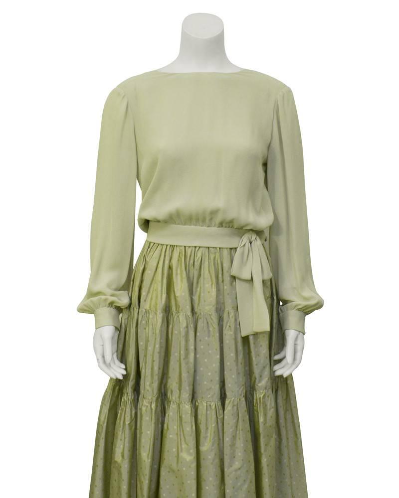 Brown 1980's Chanel Mint Green Tiered Skirt and Top