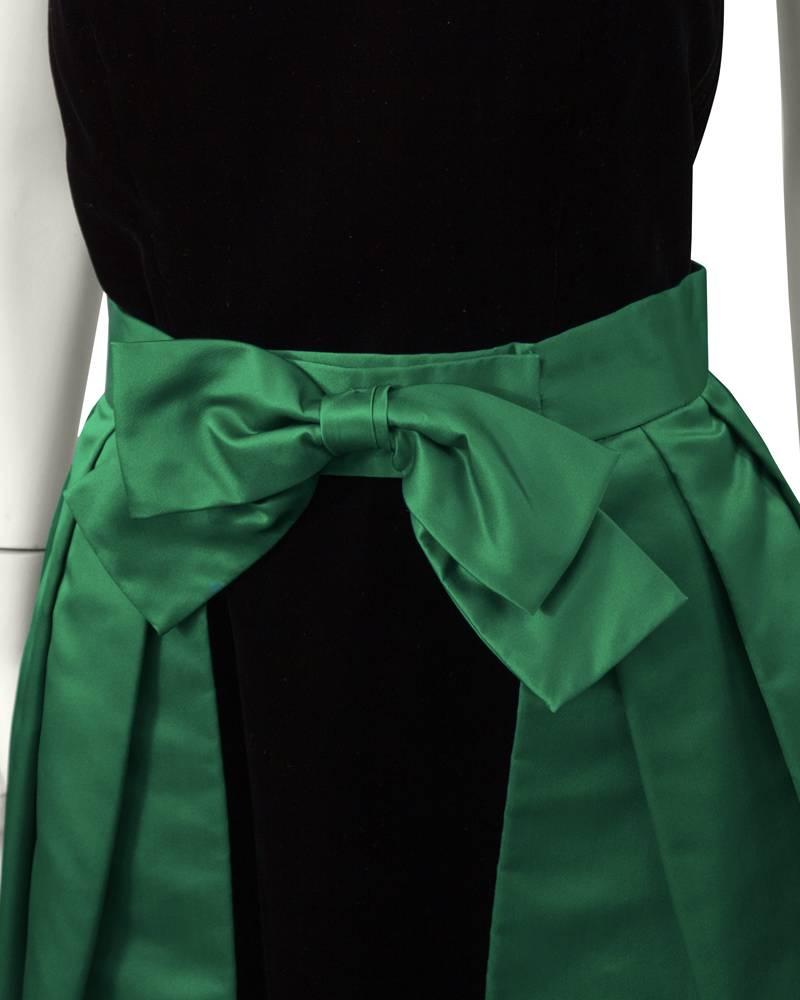1980's Akira Black Velvet Column Gown with Green Peplum Wrap Skirt 1
