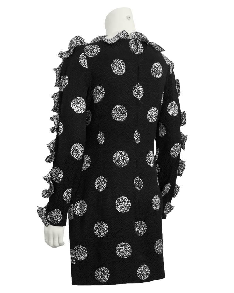 1980's Louis Feraud Black & White Silk Dress with Ruffle Sleeves  In Excellent Condition In Toronto, Ontario