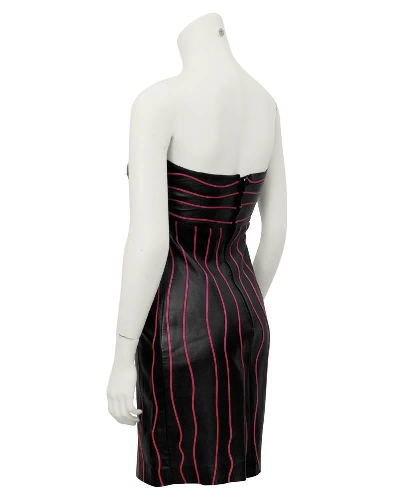 1980's Mario Valentino Black Leather Strapless Dress with Pink Accents  In Excellent Condition In Toronto, Ontario