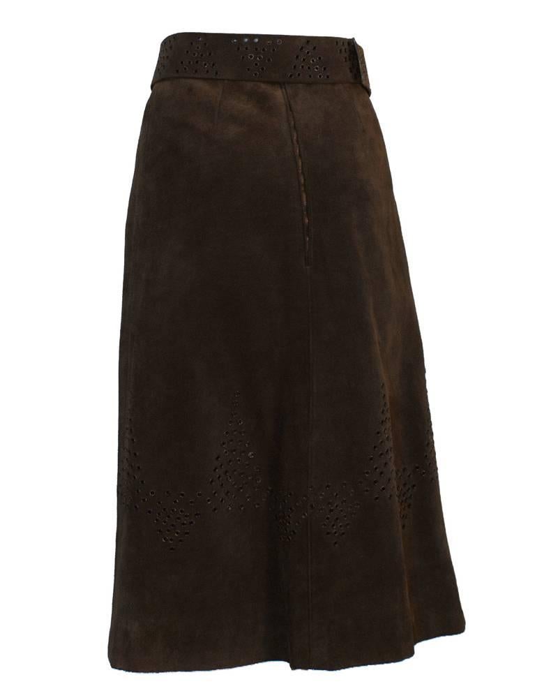 Black 1970's Tiktiner Brown Suede Midi Skirt 