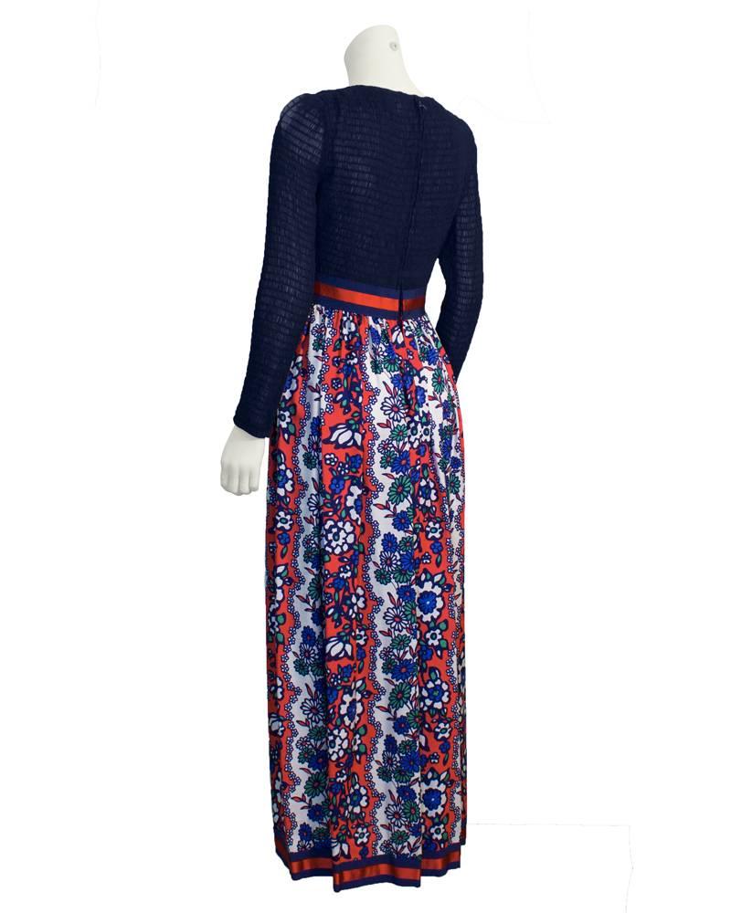 Noir Martha Palm Beach - Robe longue bleu marine et rouge des années 1970 en vente