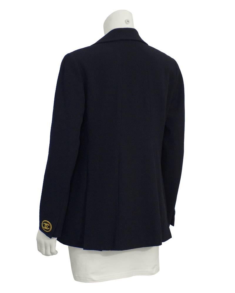 Black 1990's Chanel Navy Wool Blazer with No. 5 Detail 