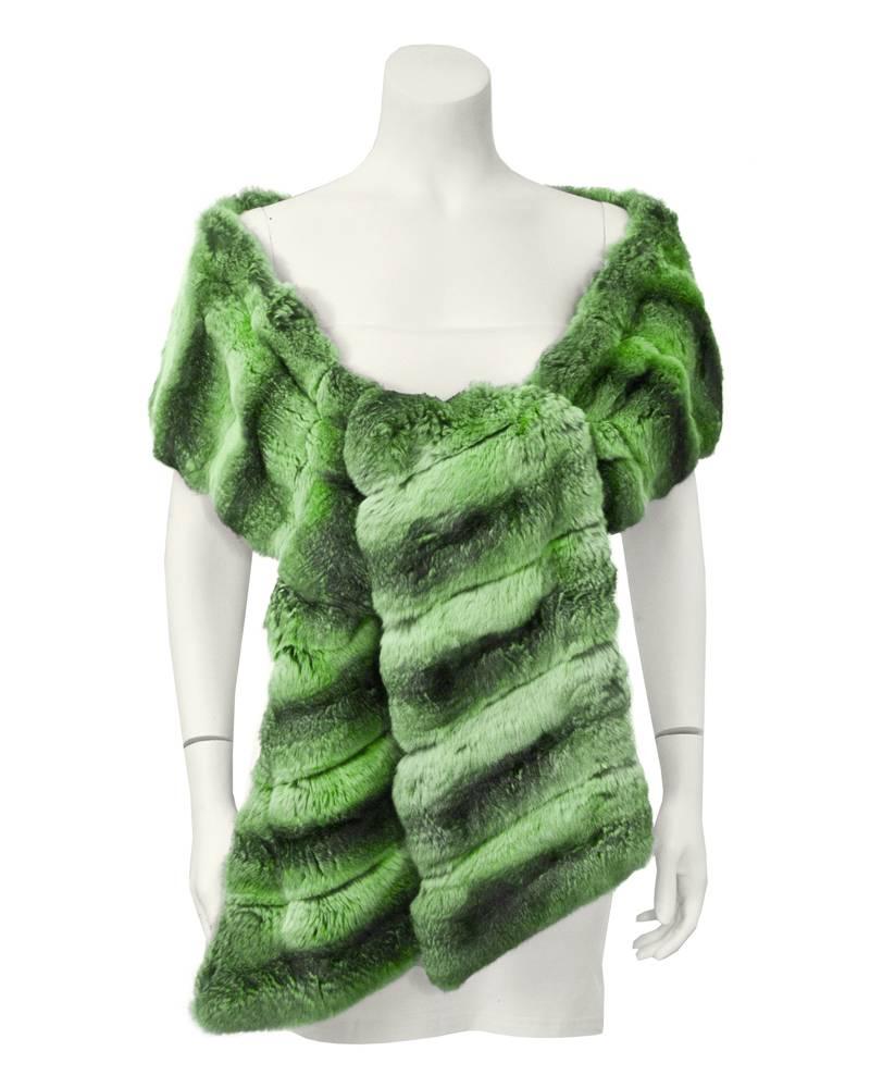 Fabulous 1960's  over-dyed green Christian Dior for Holt Renfrew chinchilla fur wrap. Long narrow shape allows you to be versatile, over-the-shoulder, demure front tie or just a louche backward drape. Skins are in amazing condition for such a