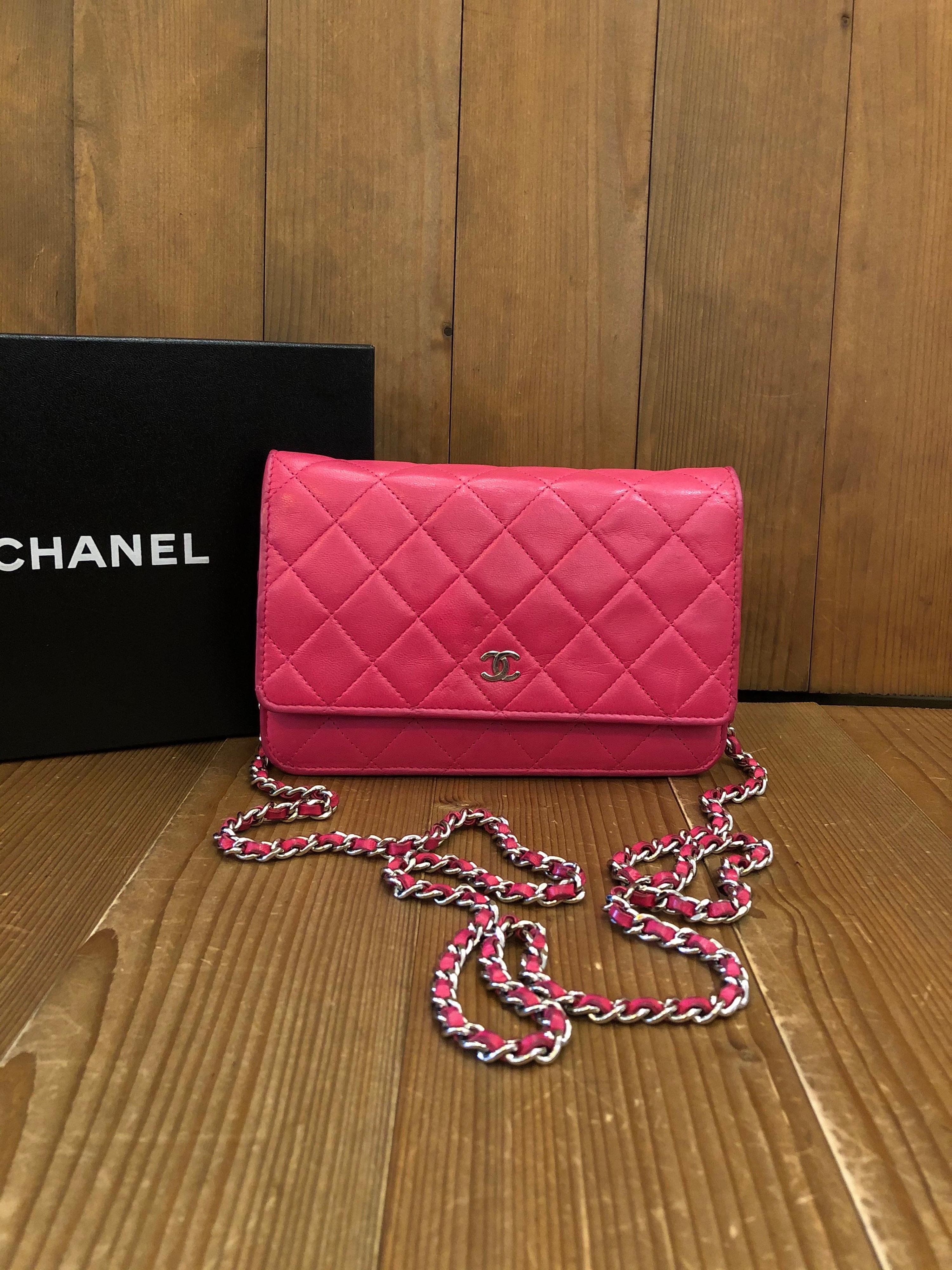 Chanel Pink Quilted Lamskin Leather Wallet on Chain WOC

Style: Bifold wallet
Material: Caviar/Lambskin leather 
Color: Pink with silver hardware wear 
Origin: Italy
Measurements: 19 x 13 x 3 cm
Comes with: Box/serial sticker

Condition:
Rank BC