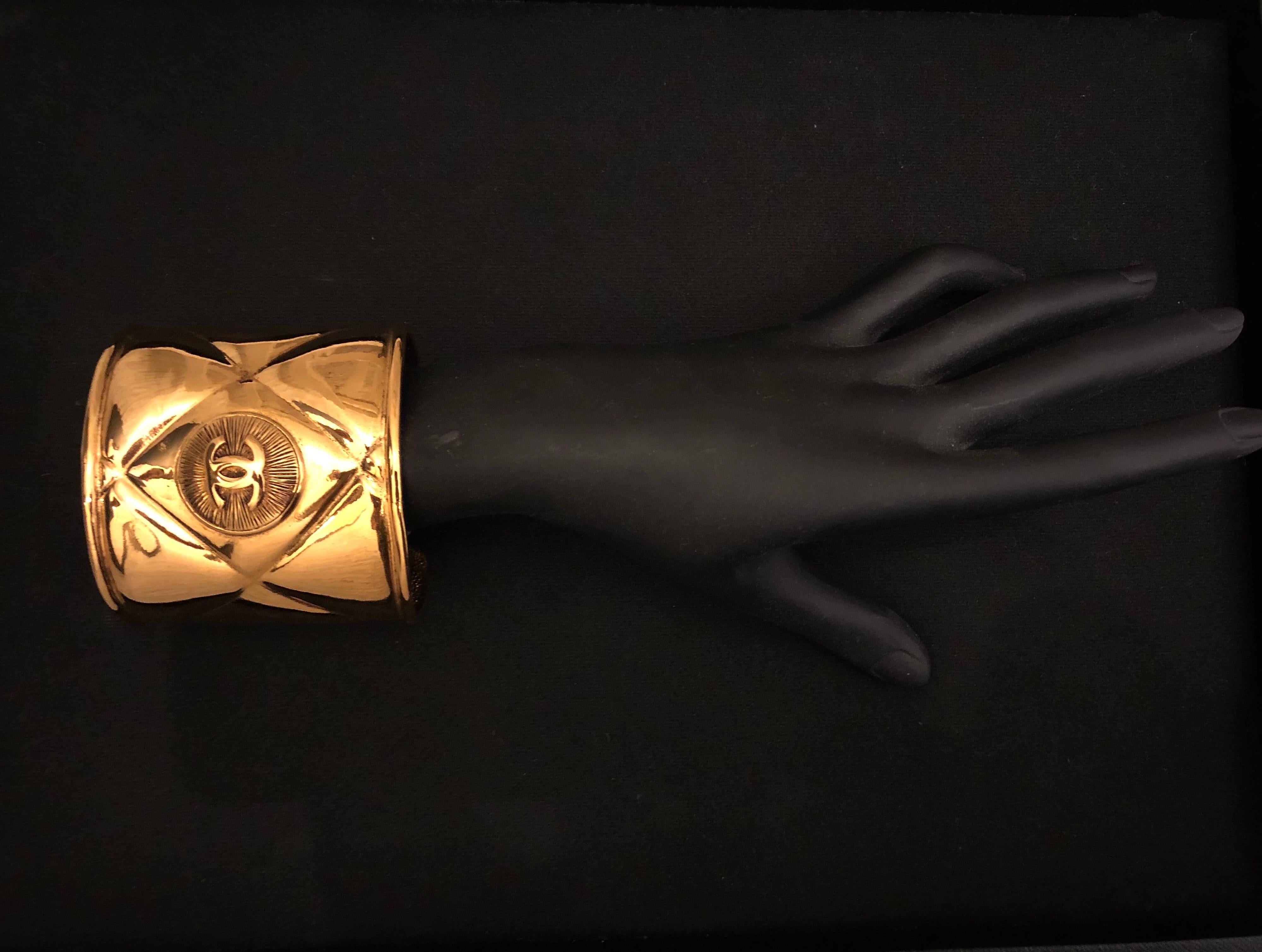 1980s Chanel Gold Toned Quilted Cuff Bangle 5