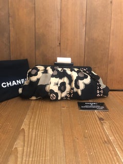 Chanel Black White Silk Camillia Clutch Bag