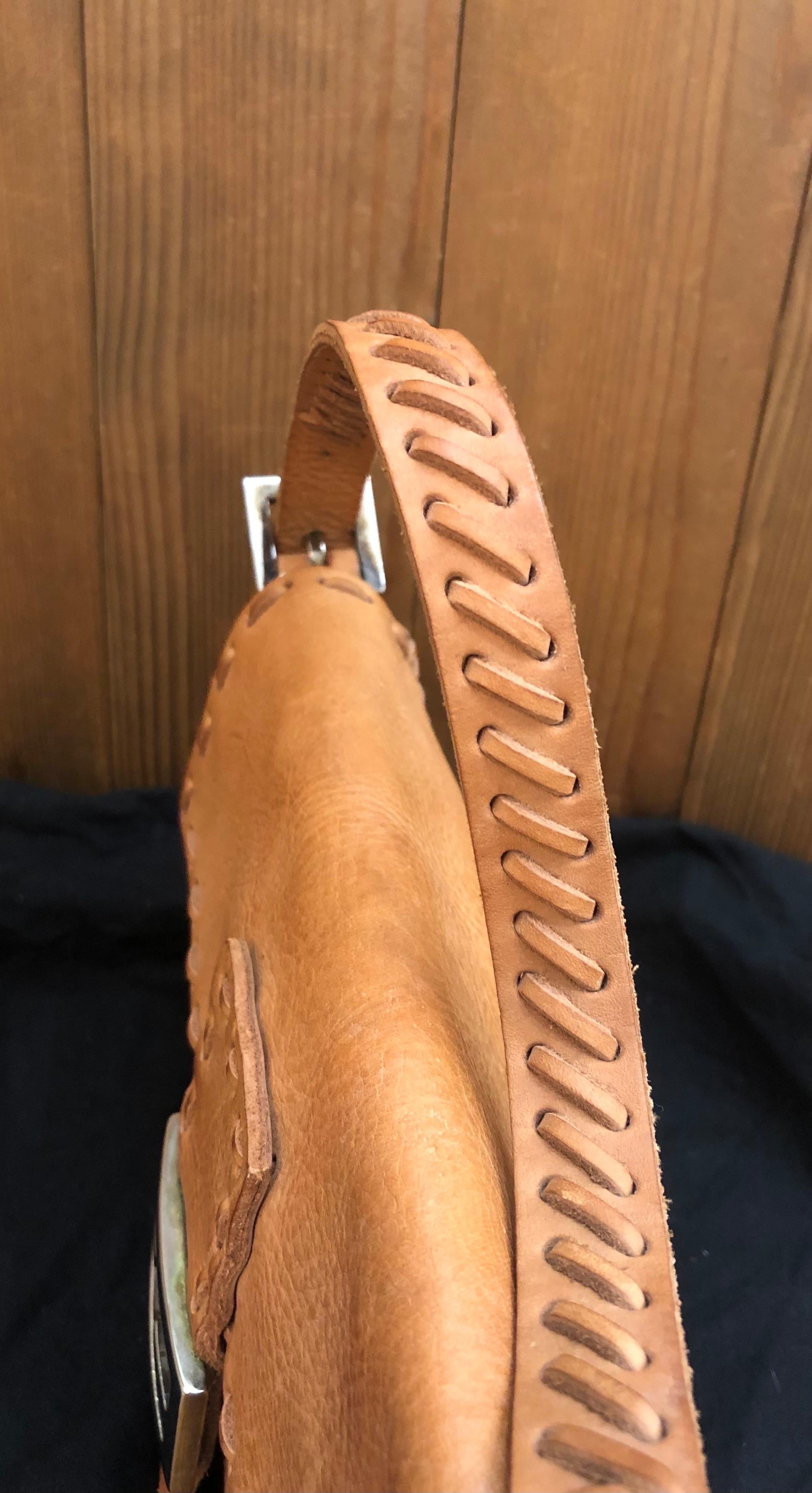 1990s Vintage FENDI Leather Whipstitch Mirror Baguette Handbag Camel 3