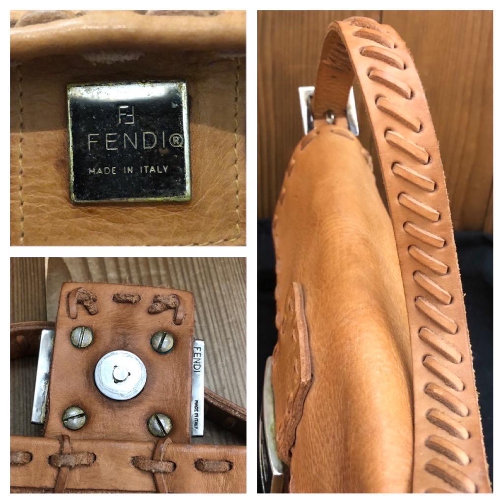 1990s Vintage FENDI Leather Whipstitch Mirror Baguette Handbag Camel 4