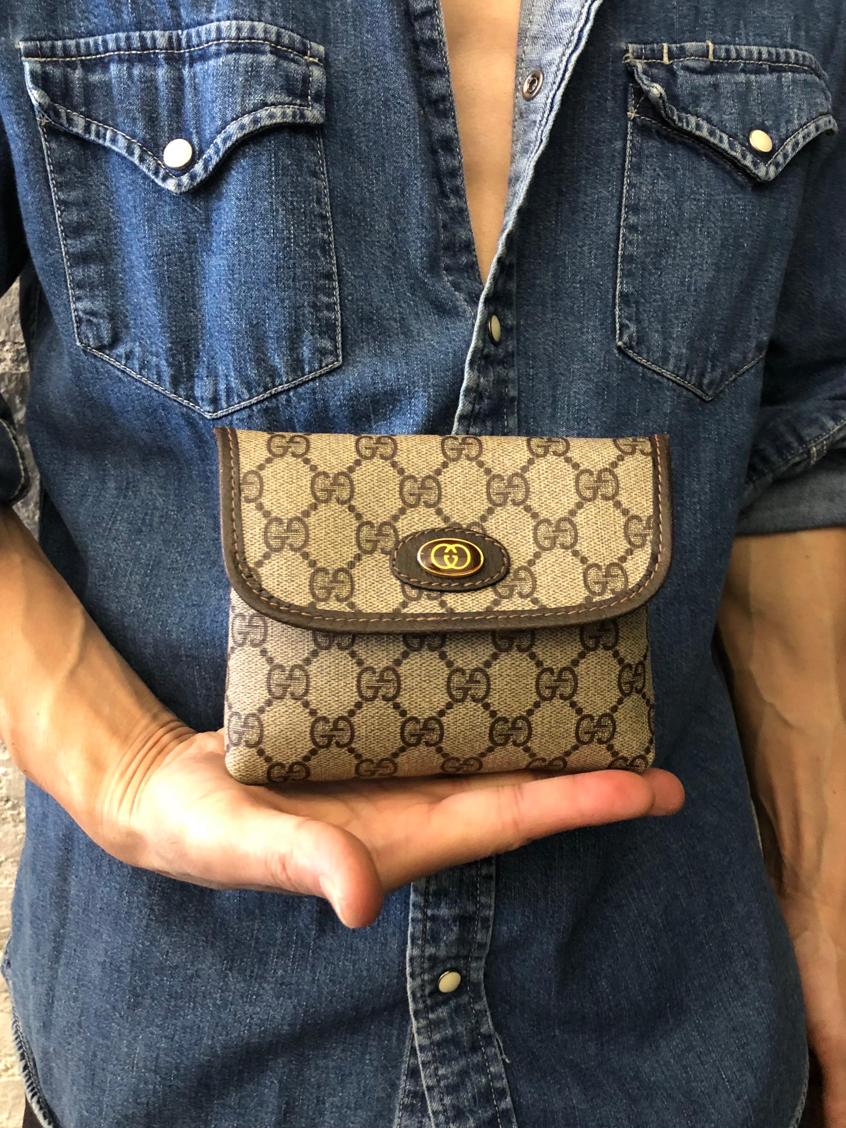 1980s Vintage GUCCI Monogram Canvas Pouch Bag Brown In Excellent Condition For Sale In Bangkok, TH
