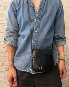 1990s Vintage GUCCI Mini Calfskin Leather Saddle Crossbody Belt Bag Navy Two-Way