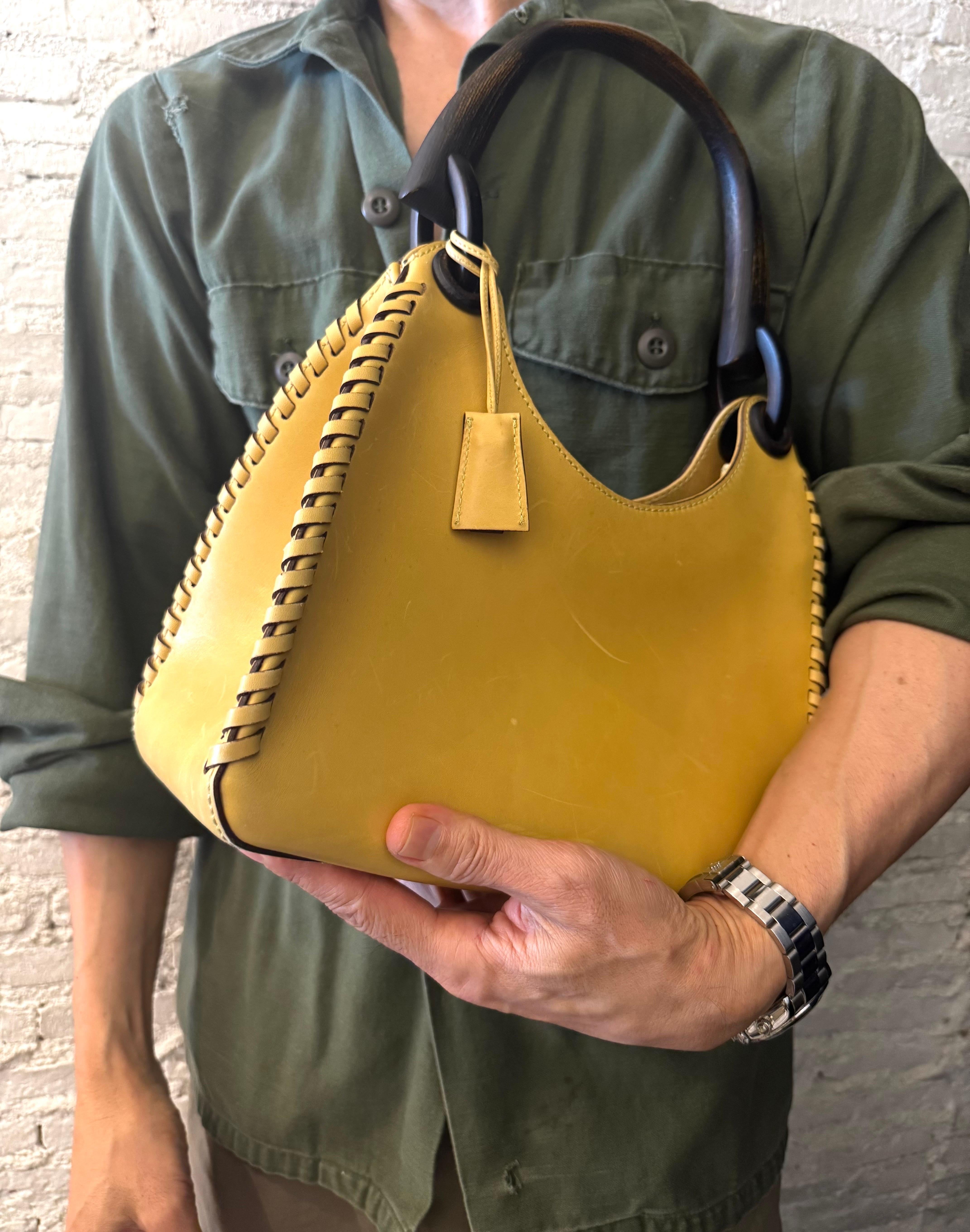2000s Vintage GUCCI Whipstitch Leather Handbag Yellow For Sale 3