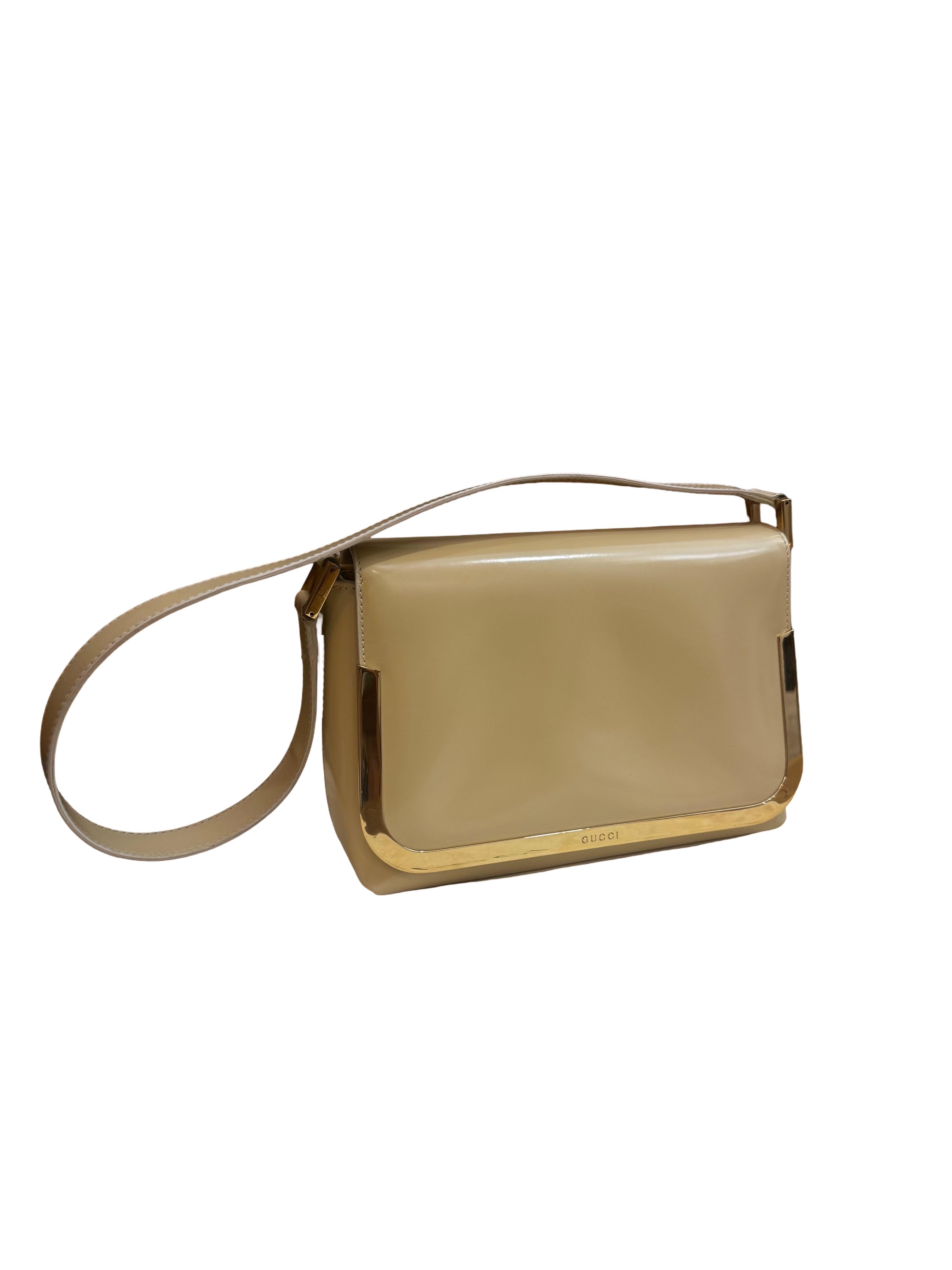 1990s Vintage GUCCI Leather Shoulder Bag Beige Small