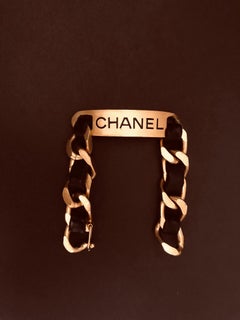 Vintage CHANEL 95 AW Gold-Tone Black Leather ID-Style Chain Link Bracelet Unisex