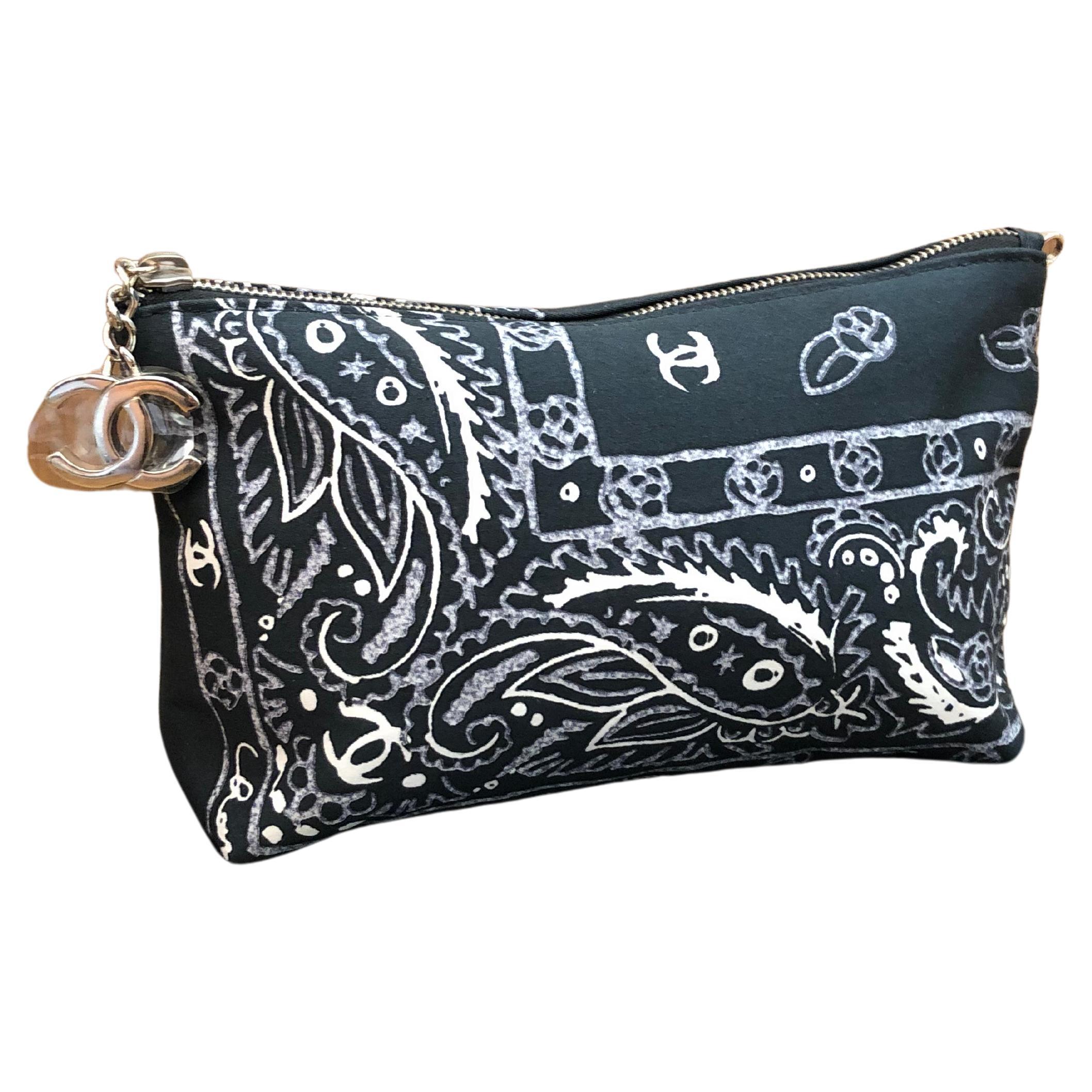 2000s CHANEL Black Paisley Printed Pouch Cosmetic Bag 