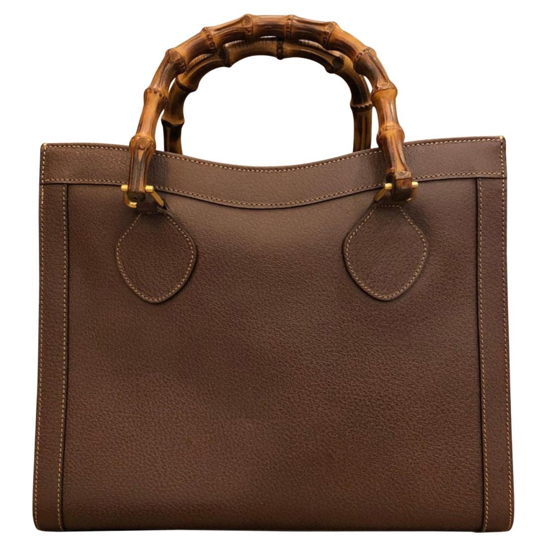 1990s Vintage GUCCI Leather Bamboo Tote Diana Tote Bag Brown (Medium)