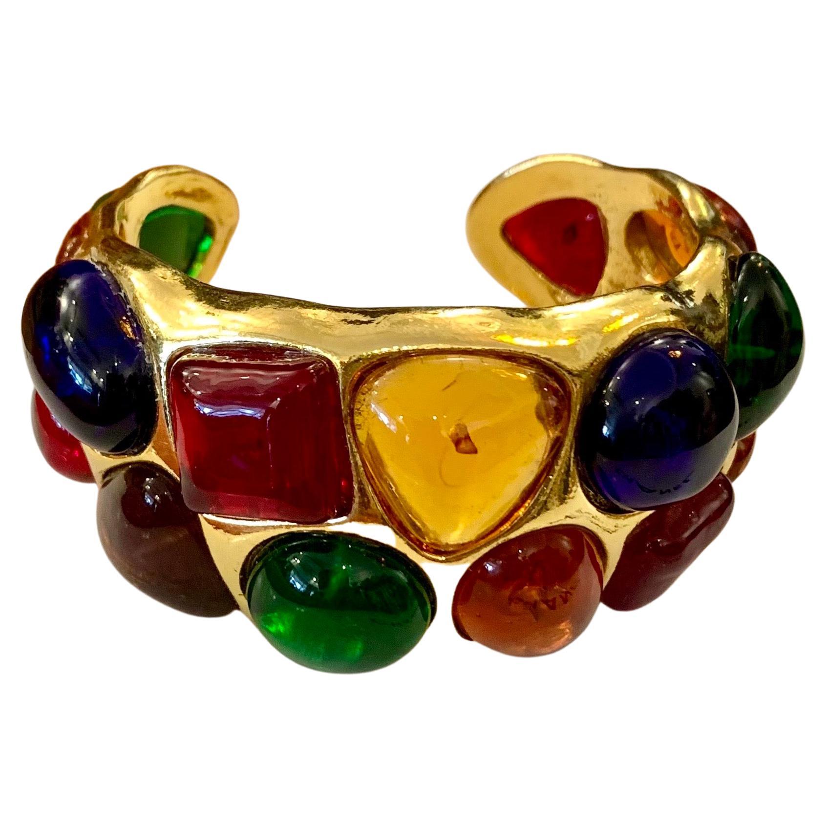 1980s Vintage CHANEL Gold Toned Multicolored Gripoix Poured Glass Bracelet Cuff For Sale