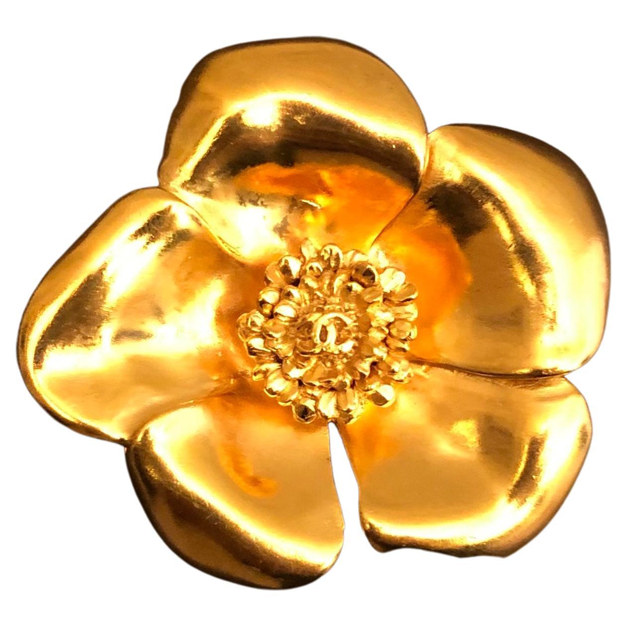 1999 Vintage CHANEL Gold Toned Camellia Brooch