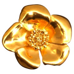 1999 Vintage CHANEL Gold Toned Camellia Brooch