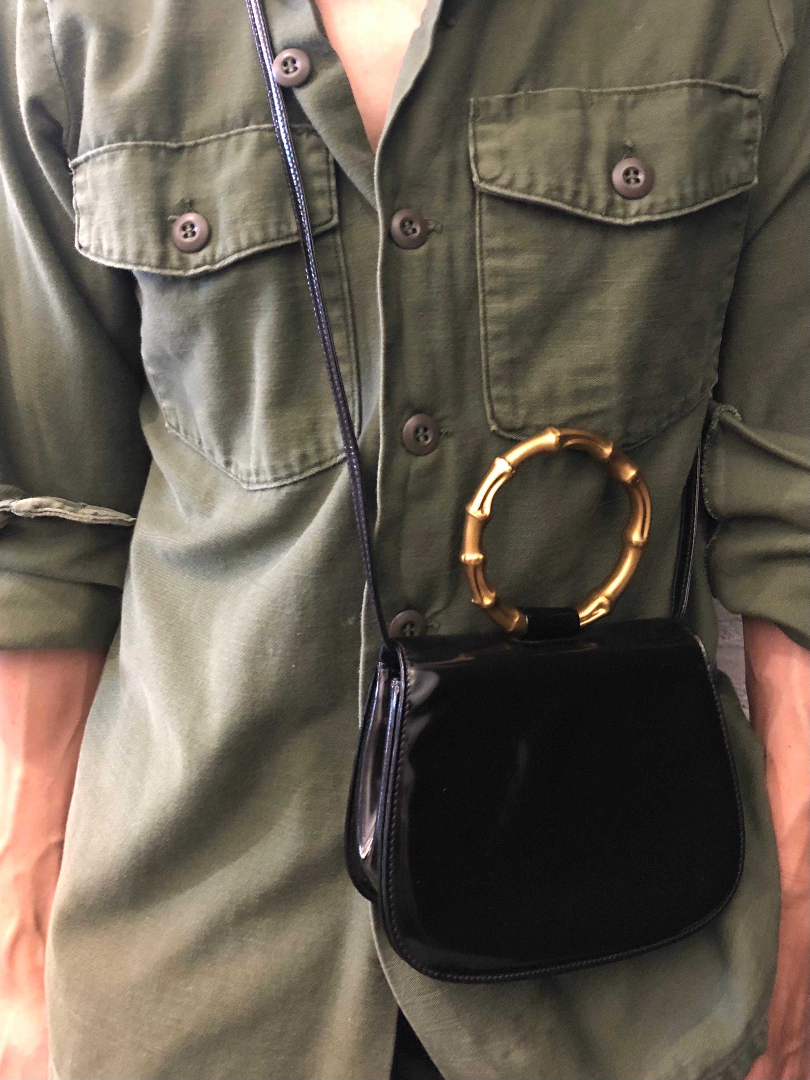 1990s Vintage GUCCI Mini Bamboo Ring Handbag Crossbody Bag Patent Leather Black 6