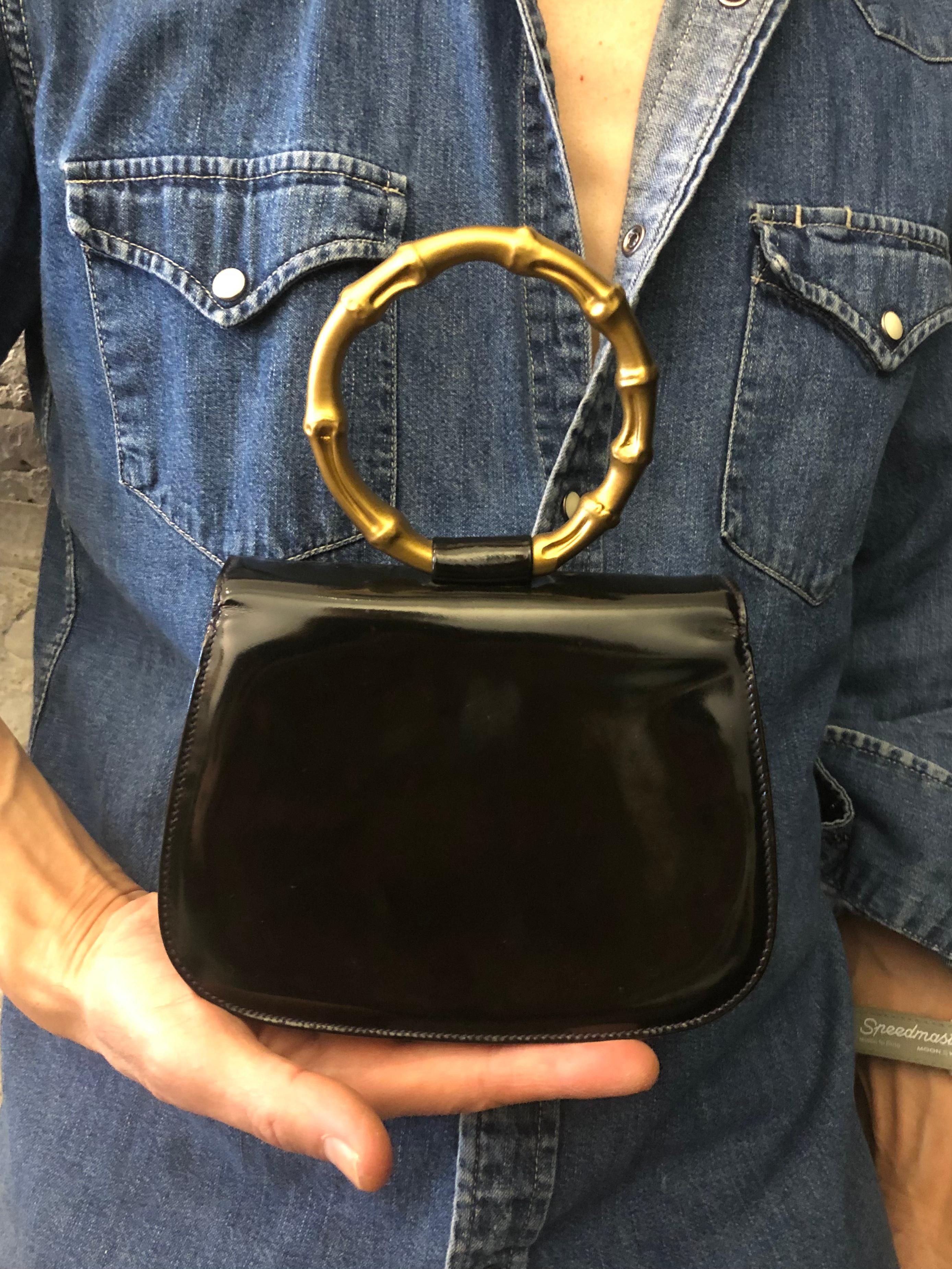 1990s Vintage GUCCI Mini Bamboo Ring Handbag Crossbody Bag Patent Leather Black 4