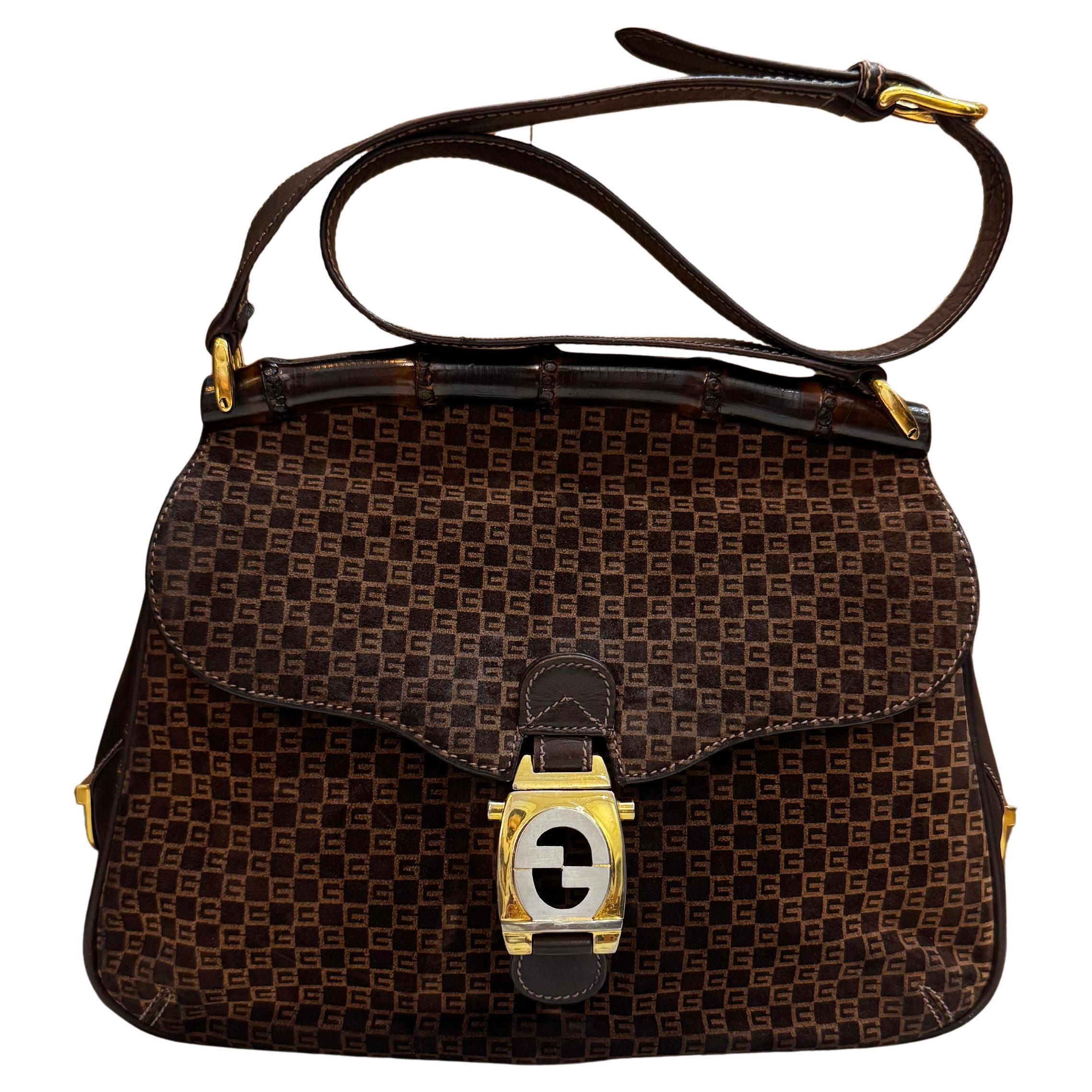 Bolso bandolera 1970s Vintage GUCCI GG Piel nobuck Bambú Marrón