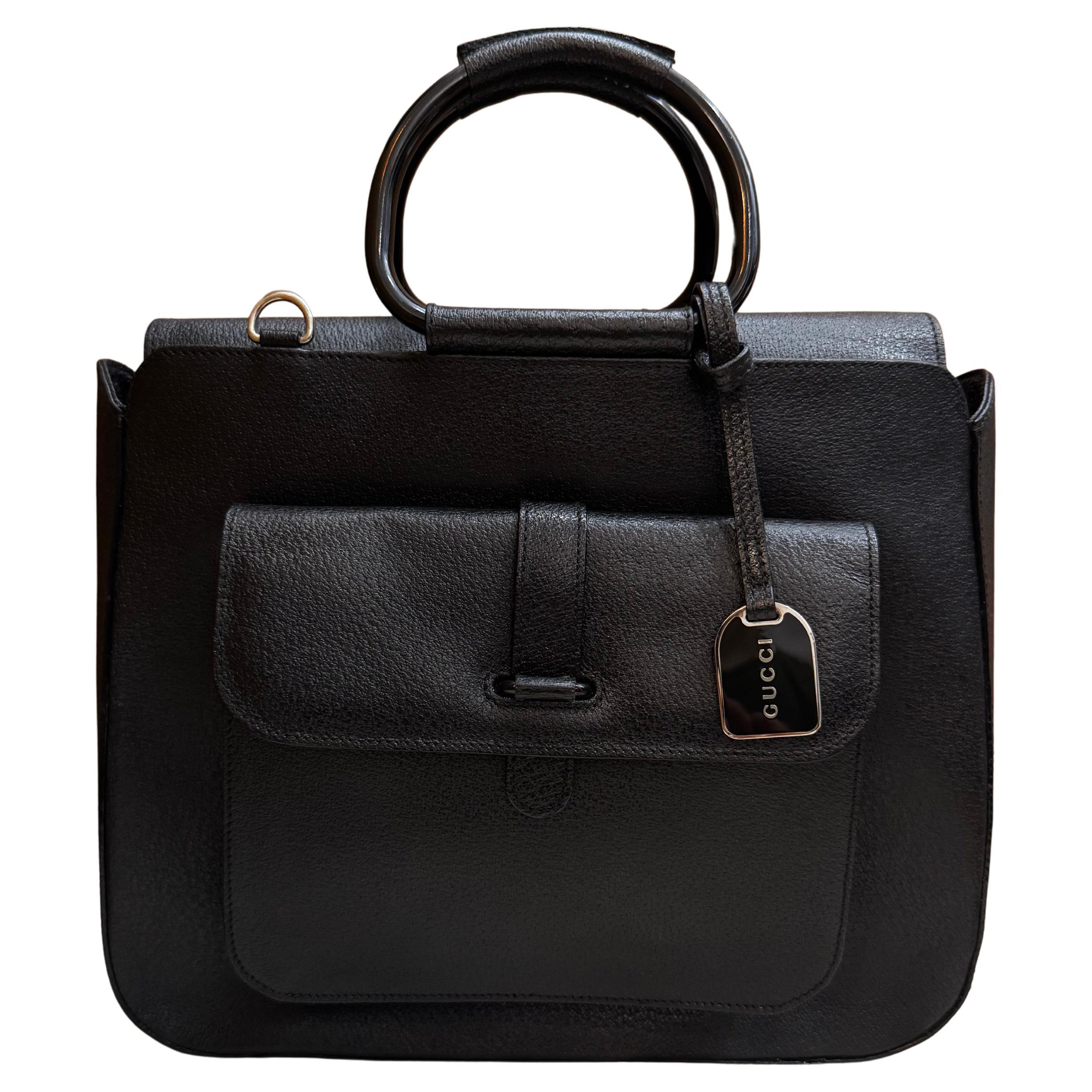 1990s Vintage GUCCI Leather Tote Bag Black Medium