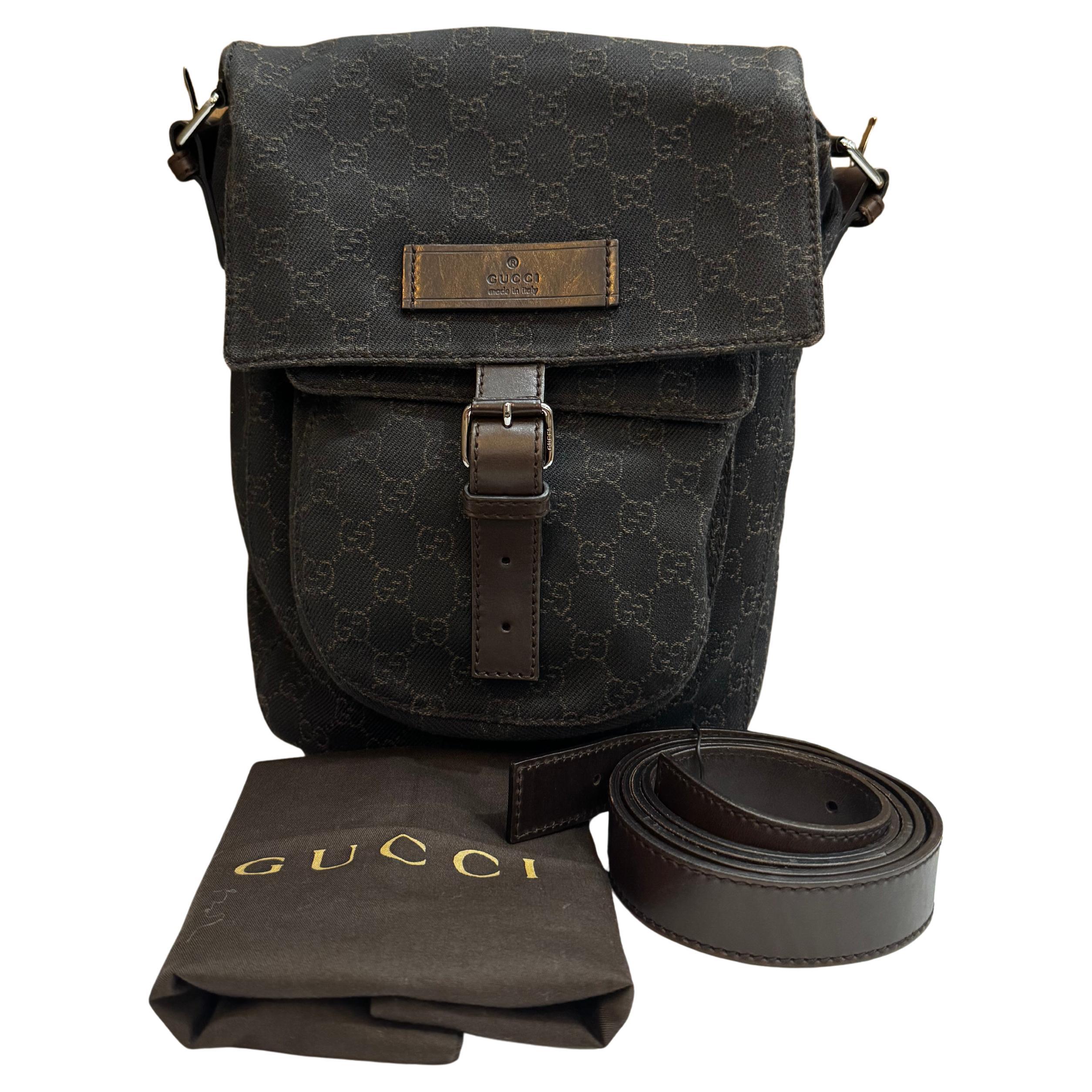 2000s Vintage GUCCI Monogram Denim Messenger Bag Brown For Sale
