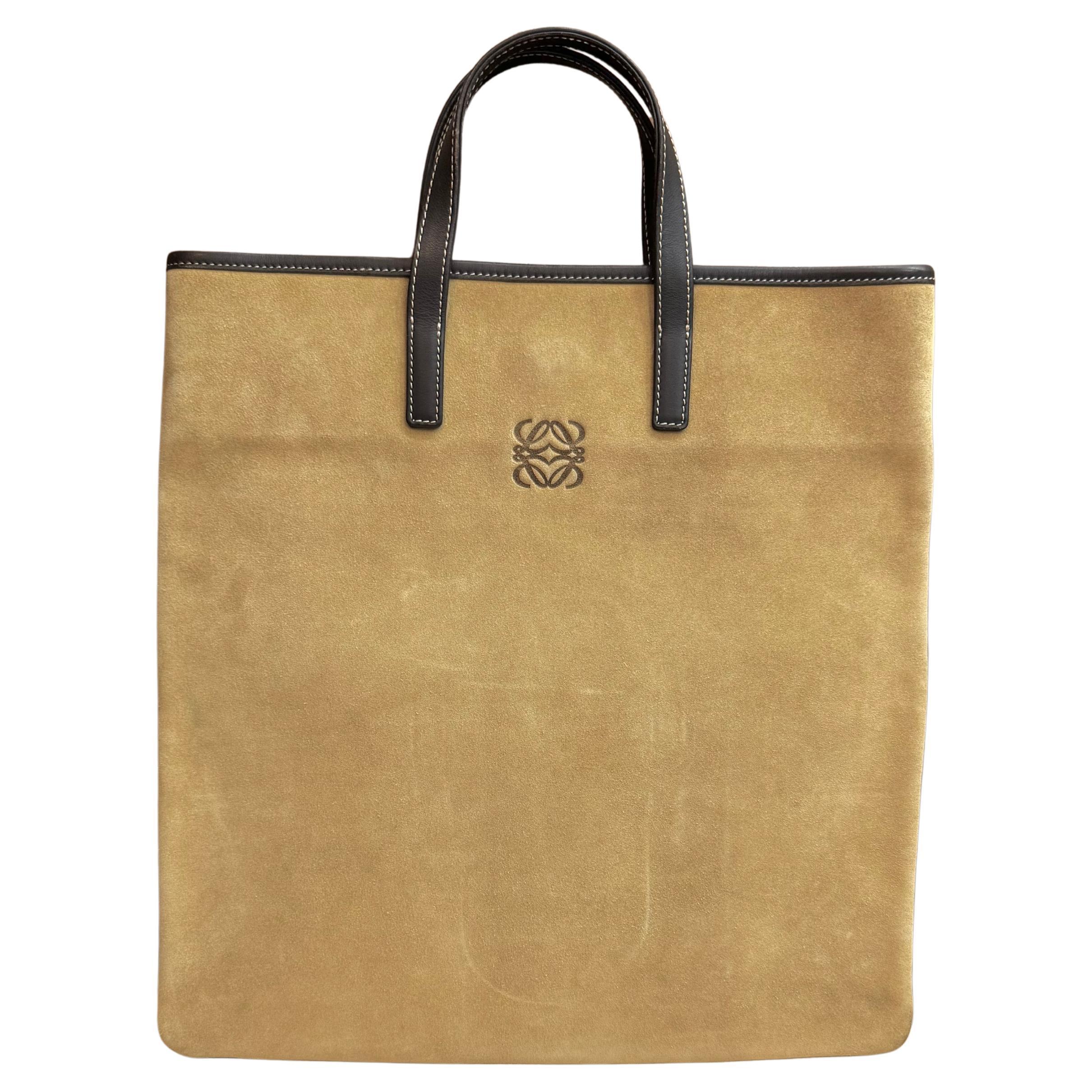 2000s Vintage LOEWE Suede Flat Tote Bag Beige Brown For Sale