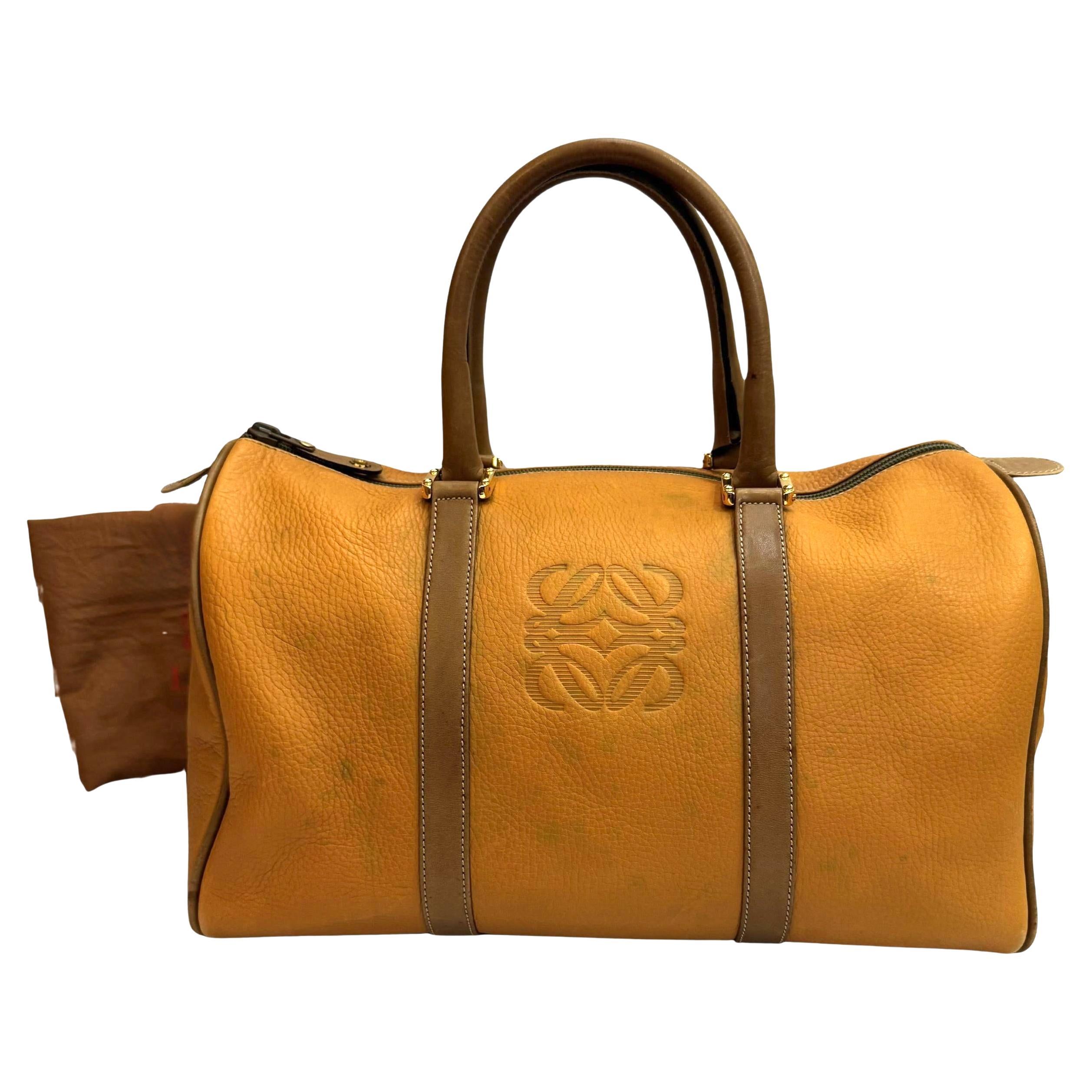 Vintage LOEWE Anagram Leather Boston Bag 35 Camel For Sale at 1stDibs