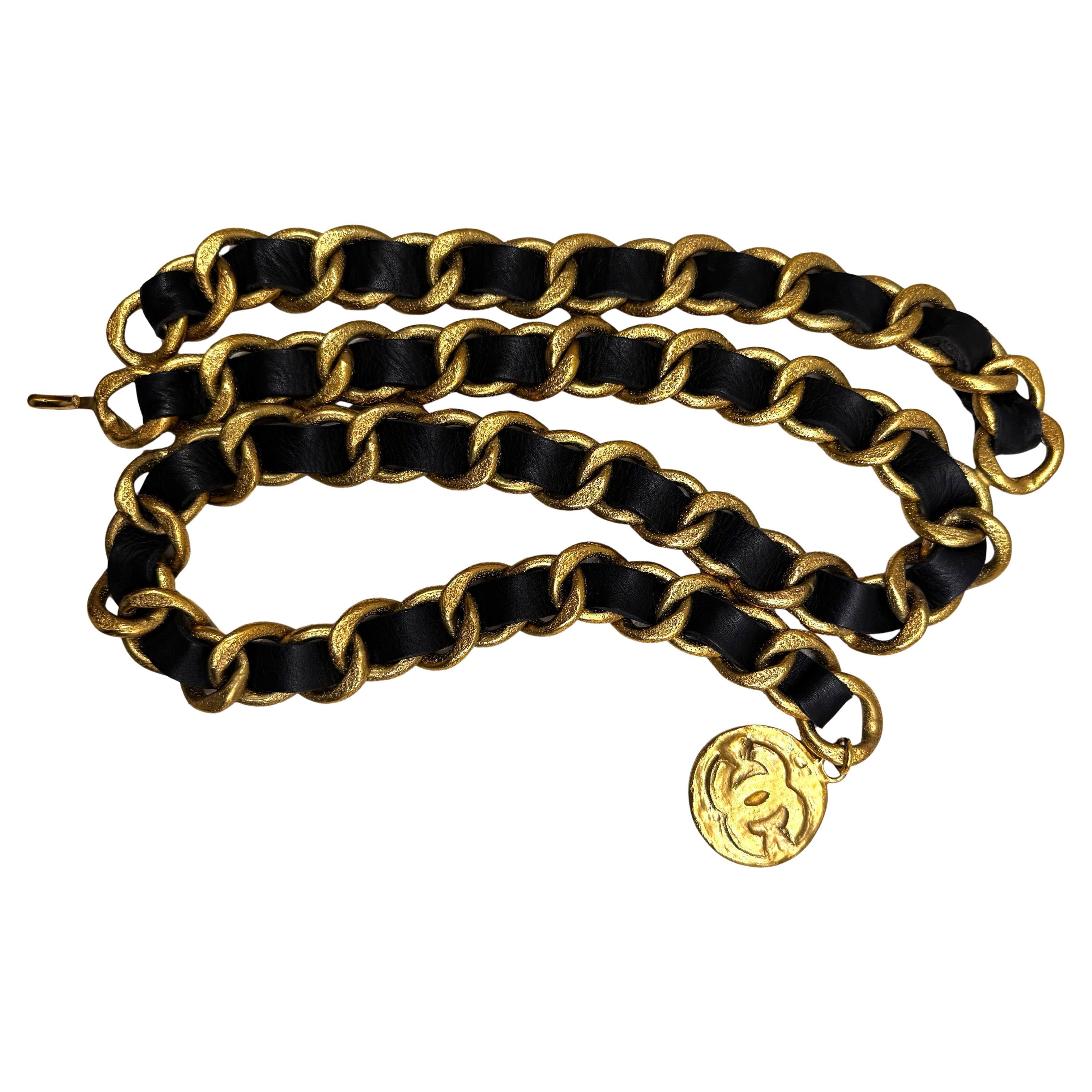 1993 Runway Vintage CHANEL Massive Leather Chain Belt Black Gold