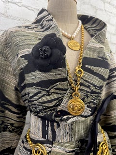 1990s Vintage CHANEL Cotton Twill Camellia Brooch Black