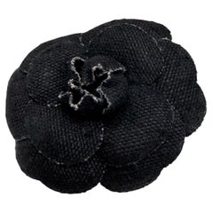 1990s Vintage CHANEL Cotton Twill Camellia Brooch Black