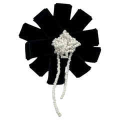 1990s Rare Vintage CHANEL Black Velvet Ribbon Camellia Seed Bead Brooch