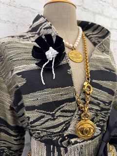 1990s Rare Vintage CHANEL Black Velvet Ribbon Camellia Seed Bead Brooch