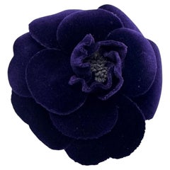 1990s Vintage CHANEL Velvet Camellia Brooch Dark Purple