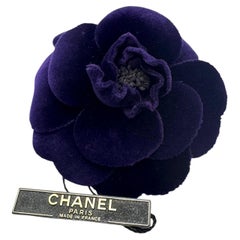 1990s Vintage CHANEL Velvet Camellia Brooch Dark Purple
