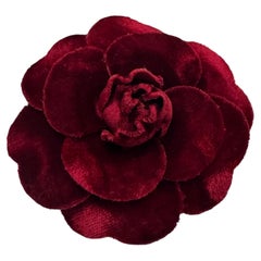 1990s Vintage CHANEL Velvet Camellia Brooch Burgundy