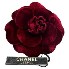1990s Vintage CHANEL Velvet Camellia Brooch Burgundy
