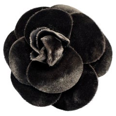 1990s Vintage CHANEL Velvet Camellia Brooch Gray