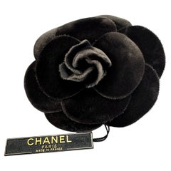 1990s Vintage CHANEL Velvet Camellia Brooch Gray