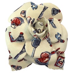1990s Rare Vintage CHANEL Sports Motif Printed Cotton Twill Camellia Brooch