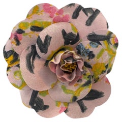 1990s Rare Vintage CHANEL Floral & Lettering Printed Pink Silk Camellia Brooch