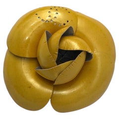 1990s Vintage CHANEL Mustard Yellow Perforated CC Patent Leather Camellia Brooch