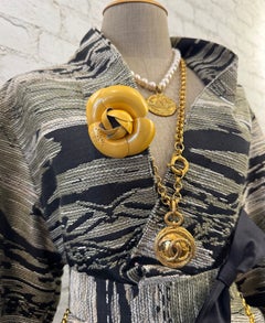 1990s Vintage CHANEL Mustard Yellow Perforated CC Patent Leather Camellia Brooch