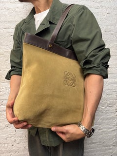 1990s Vintage LOEWE Beige Suede & Brown Calfskin Anagram Tote Bag