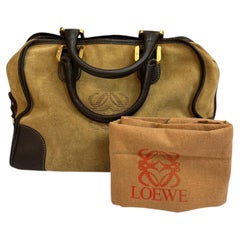 1990s Vintage LOEWE Amazona 32 Beige Suede & Brown Calfskin Boston Bag